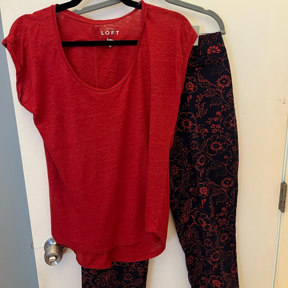 LOFT Vibrant Red Linen Top with navy and red pants. Full matching outfit